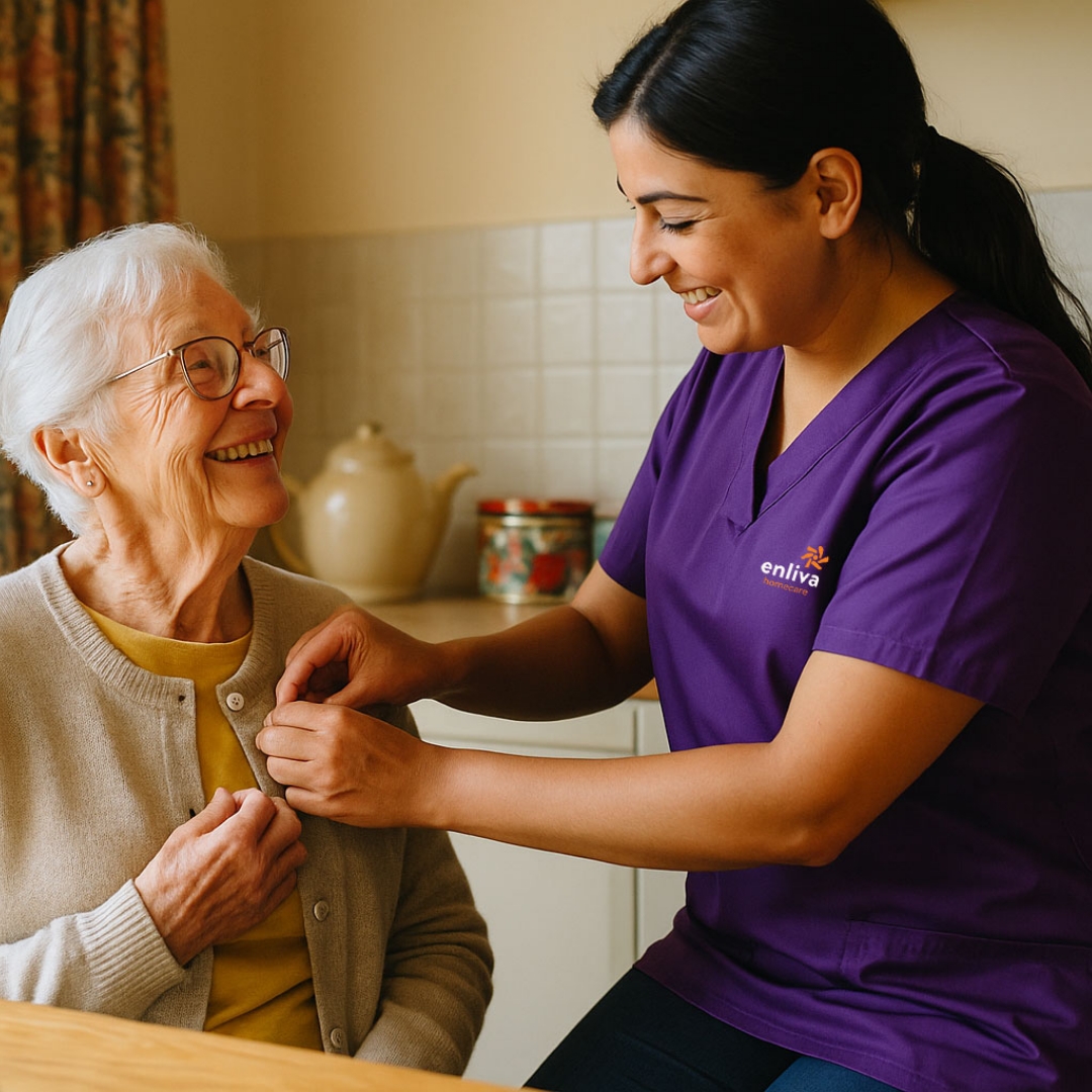 Enliva carer with client helping with dressing