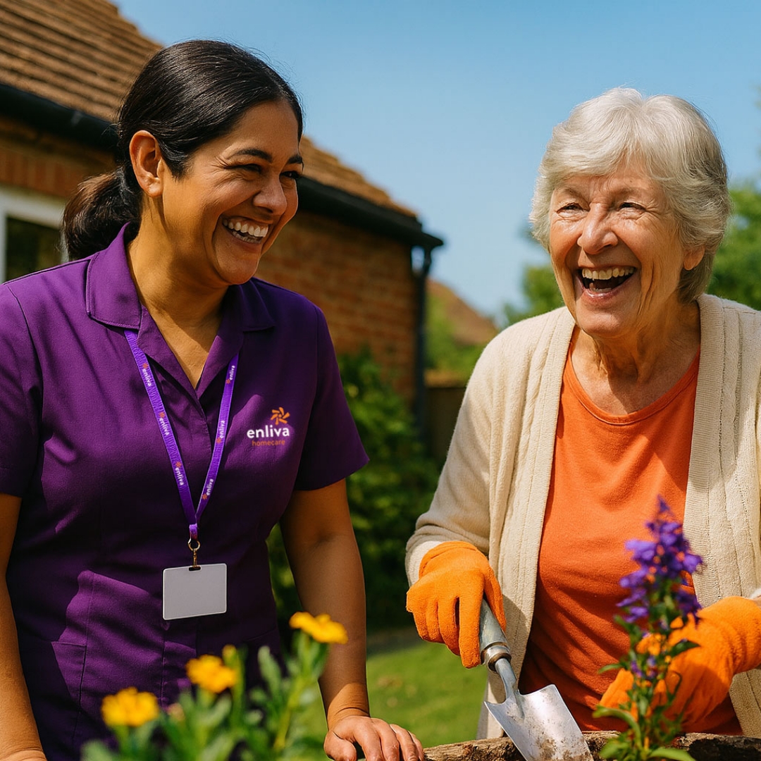 Enliva Homecare Carer helping a client with some gardening